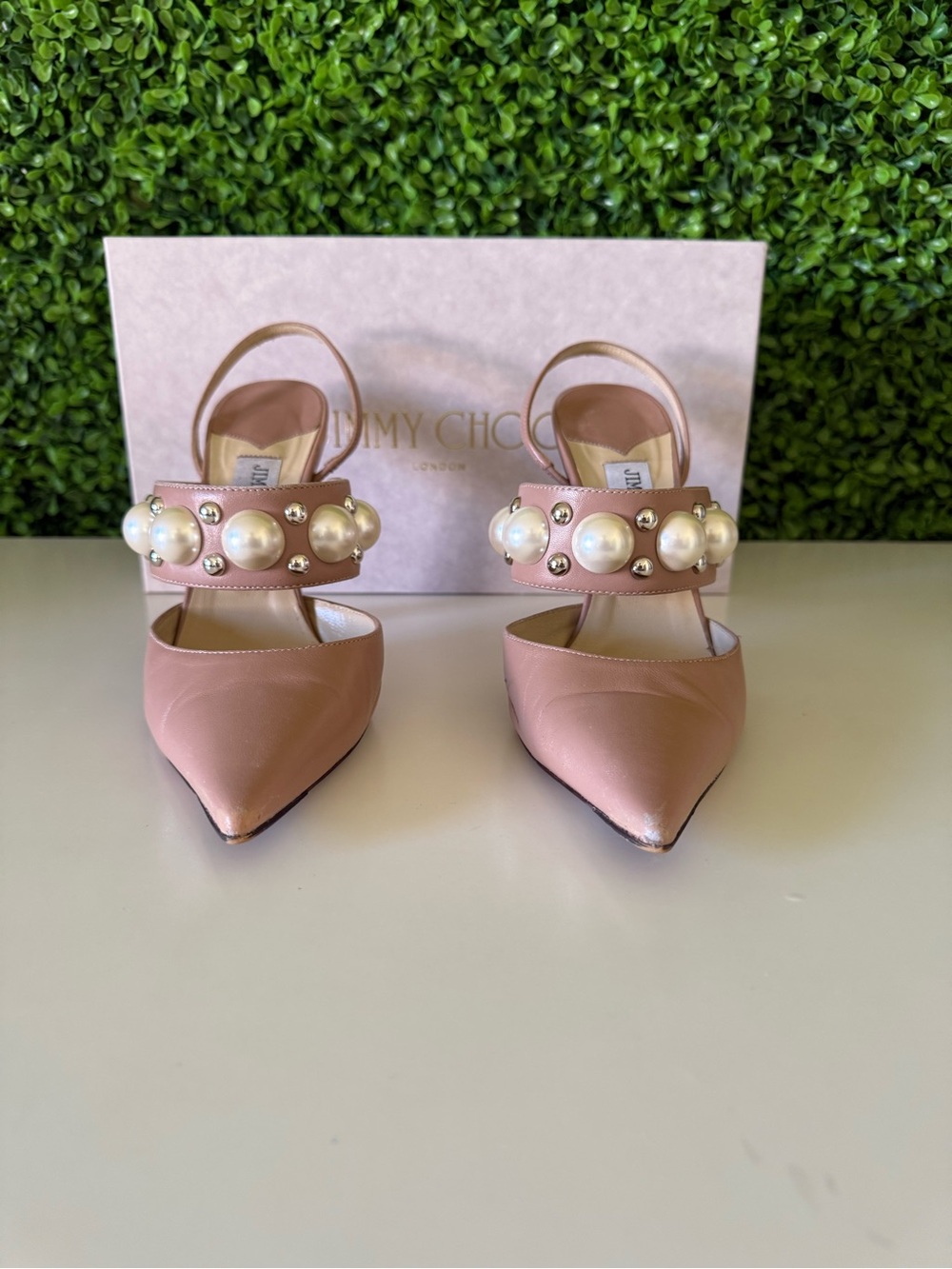 Jimmy Choo Blush Pink Pearl-Embellished Slingback Pumps - Picture 6 of 8